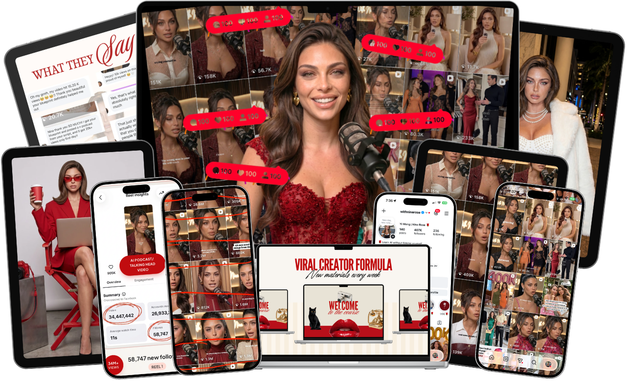 Creator results collage: sales notifications, viral Reels, Instagram growth, and the Viral Creator Formula system across devices
